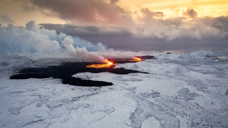 An aerial view of the lava flow from the erupting volcano on the Reykjanes Peninsula in Iceland
