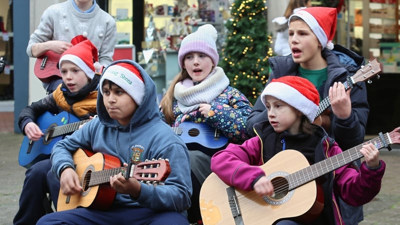 Pupils from St Pat's primary school performing on the streets of Galway city centre