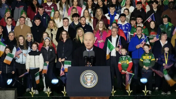 US President Joe Biden addresses the crowd in Ballina on April 14