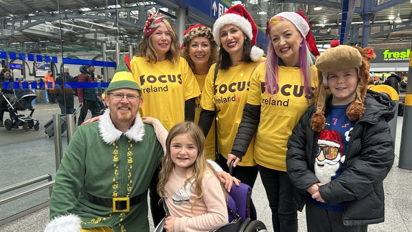 Late Late Toy Show star Freya McLaughlin, 11, centre, at Heuston Station with the Queen Bees from Focus Ireland