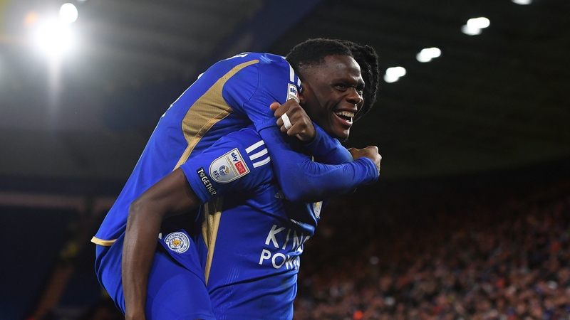 Patson Daka celebrates scoring the opening goal for Leicester City with Stephy Mavididi