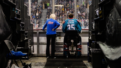 Belfast Giants goalkeeper Andrew Dickson looks on