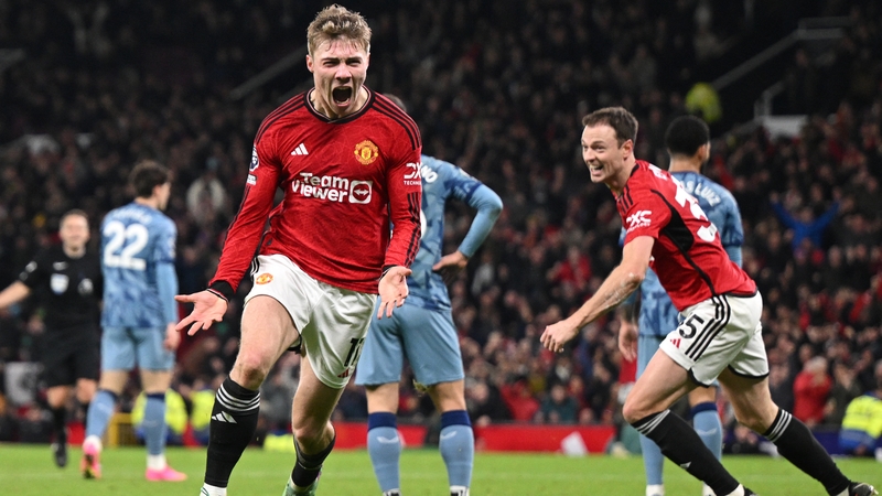 Rasmus Hojlund celebrates his first Premier League goal to make it 3-2 to Manchester United against Aston Villa
