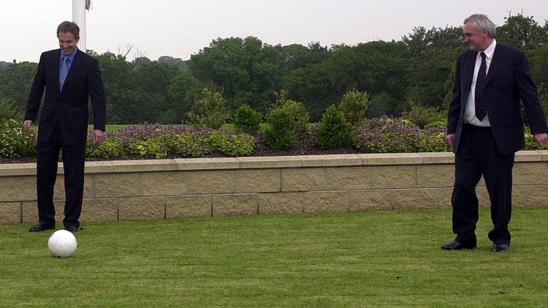 Then British Prime Minister Tony Blair playing football with then Irish Taoiseach Bertie Ahern in 2002 to promote an Irish/Scottish Euros bid