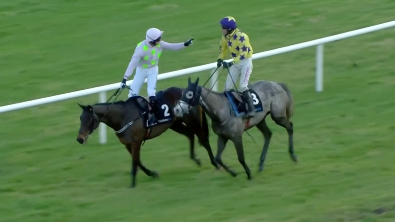 Patrick Mullins remonstrates with his cousin after the finish line