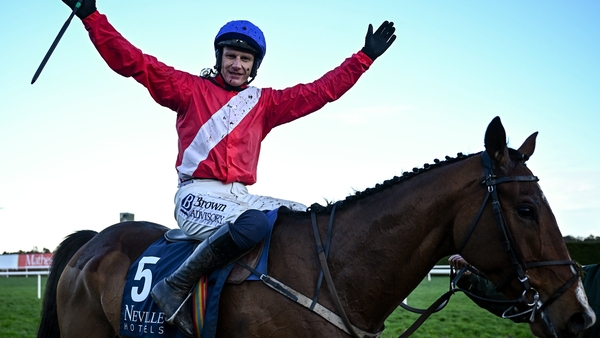 Jockey Paul Townend celebrates on Grangeclare West after winning the Neville Hotels Novice Steeplechase