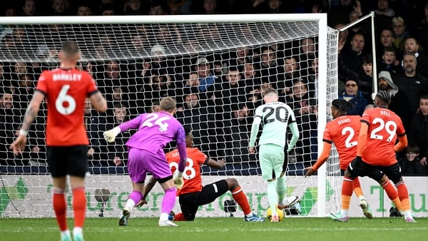Cole Palmer scores Chelsea's third goal against Luton Town
