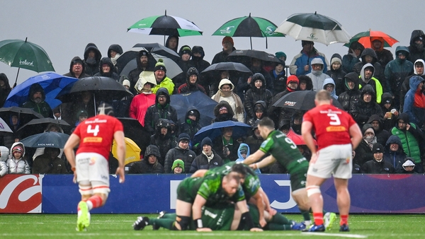 Fans watch on at a wet and cold Sportsground