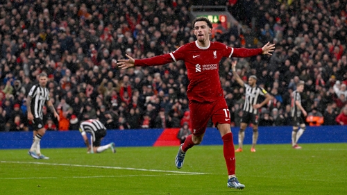 Curtis Jones celebrates scoring in Liverpool's 4-2 win over Newcastle