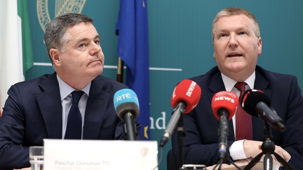 Minister Paschal Donohoe and Michael McGrath at a news conference announcing the figures this afternoon (Pic: RollingNews.ie)