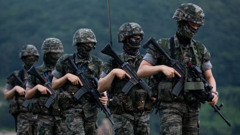 South Korean Marine Corps soldiers patrolling on Yeonpyeong island, which has been an epicentre for artillery fire from North Korea