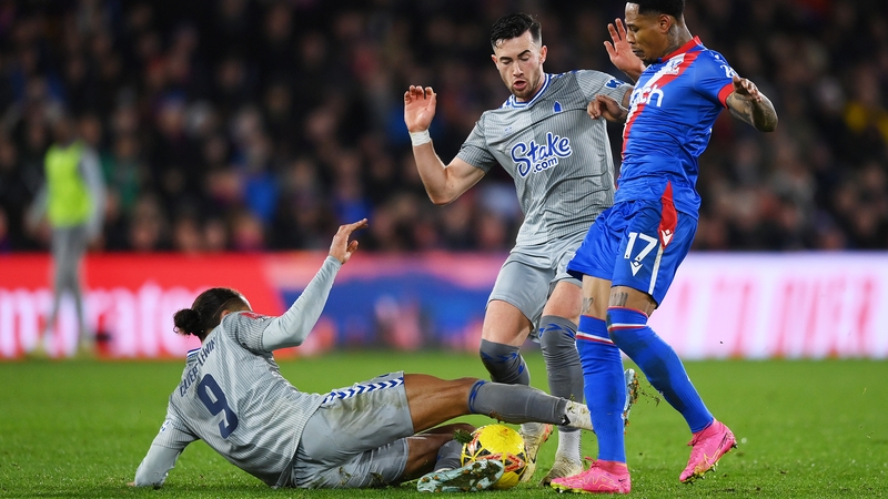 Nathaniel Clyne of Crystal Palace is challenged by Dominic Calvert-Lewin, which led to a red card for the Everton striker