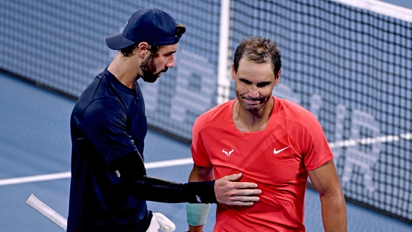 Jordan Thompson (L) got the better of Rafael Nadal, who has been sidelined for almost a year