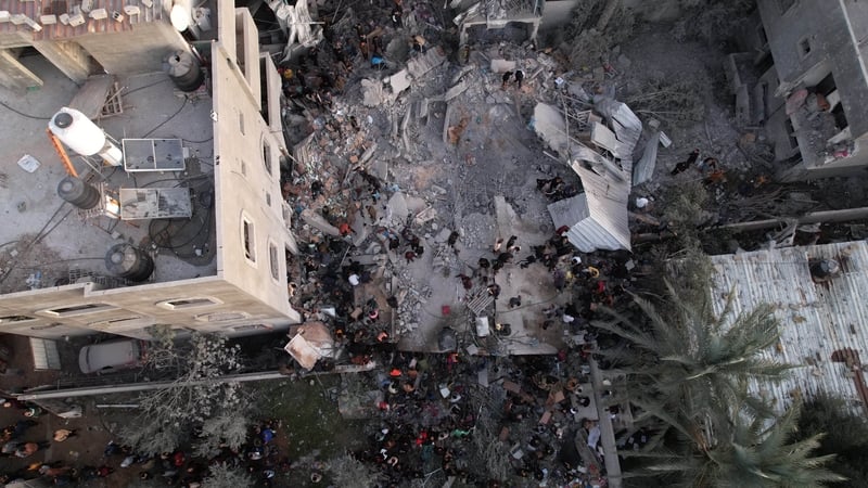 An aerial view of damaged residential buildings in Deir al-Balah, Gaza
