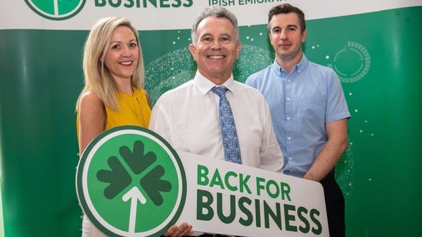 Back for Business past participant Shemaine Doyle Brave, Sean Fleming, Minister of State at the Dept of Foreign Affairs and past participant Barra Kelly SHD Consulting Engineers.