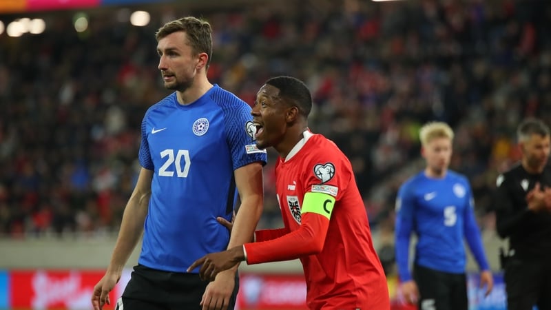 Sten Reinkort in action for Estonia against Austria captain and Real Madrid defender David Alaba during Euro 2024 qualifying