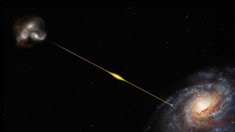 An artist's impression of the path of the fast radio burst FRB 20220610A, from the distant galaxy where it originated all the way to Earth