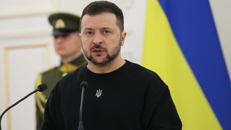 Ukraine's President Volodymyr Zelensky at a joint-press conference in Vilnius, Lithuania