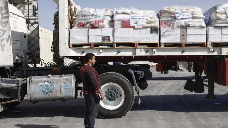 Humanitarian aid supplies from the World Central Kitchen NGO are seen waiting to be delivered into Gaza, at the Kerem Shalom Crossing on the Israel-Gaza border