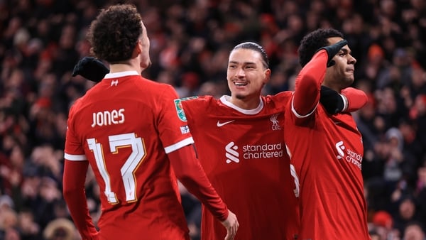 Cody Gakpo (r) found the net after Curtis Jones (l) had equalised at Anfield