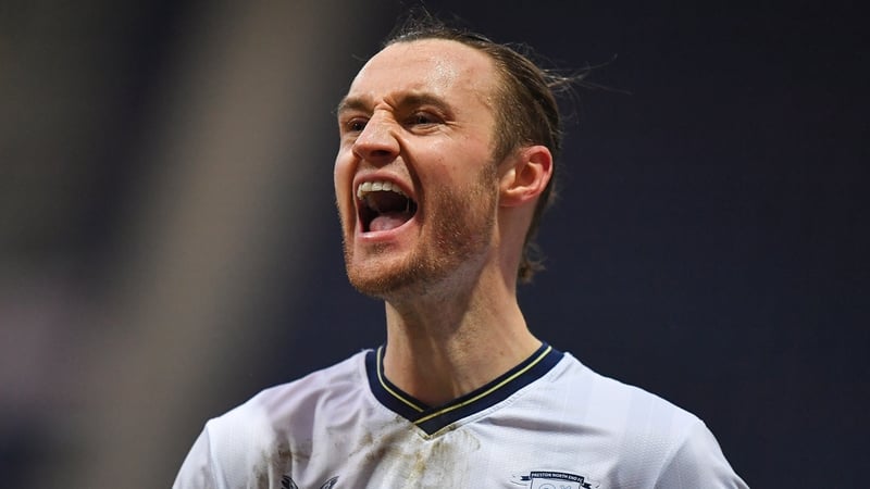 Will Keane celebrates the first of his two goals for Preston