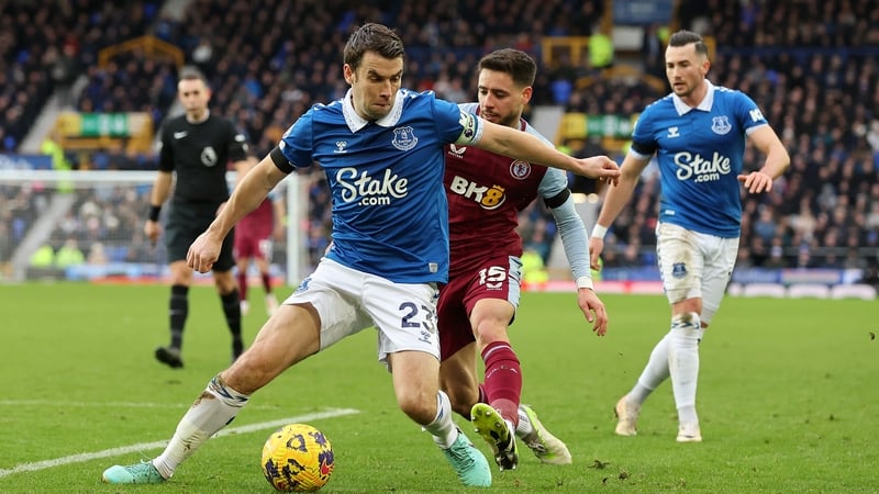 Seamus Coleman is challenged by Aston Villa's Alex Moreno at Goodison Park