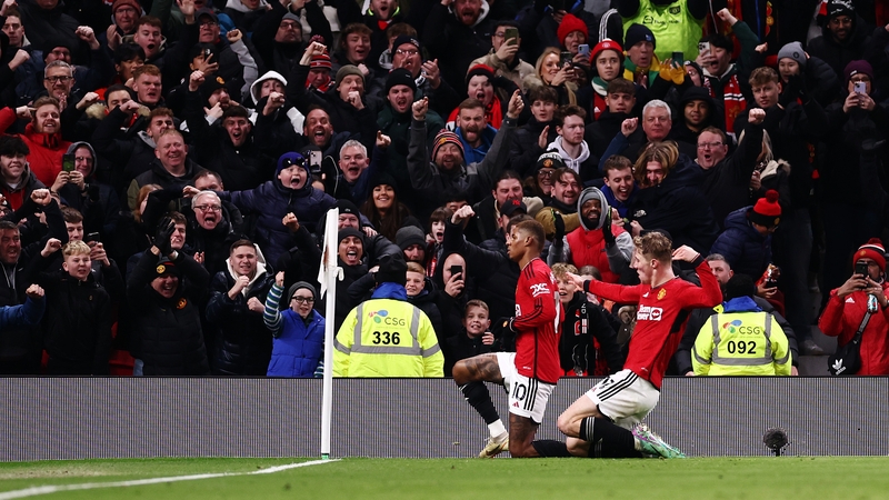 Rashford and Hojlung celebrate after the former scores Man United's second against Spurs