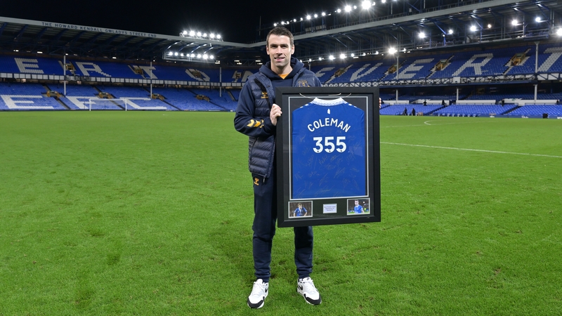 Seamus Coleman with a commemorative signed shirt to mark 355 Premier League matches for Everton