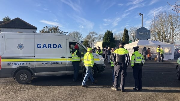 Gardaí remain at the scene of the protest outside Racket Hall Hotel in Roscrea, Co Tipperary