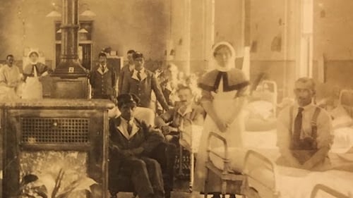 Hannah Meany, standing, and patients at the King George V Military Hospital in Arbour Hill, Dublin, where she found herself treating both sides in 1916.