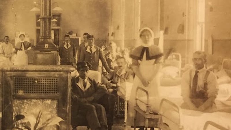 Hannah Meany, standing, and patients at the King George V Military Hospital in Arbour Hill, Dublin, where she found herself treating both sides in 1916.