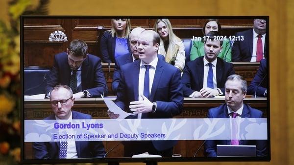DUP MLA Gordon Lyons speaking in the Northern Ireland Assembly chamber in a recall to nominate a speaker of the Northern Ireland Assembly