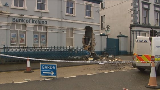 Thieves pull an ATM out of the wall of the Bank of Ireland in Tubbercurry, County Sligo to leave a …