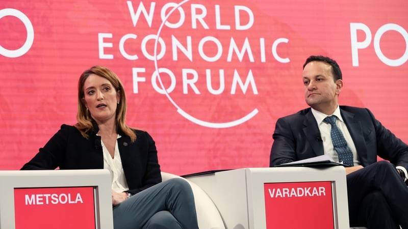 European Parliament President Roberta Metsola and Taoiseach Leo Varadkar taking part in a panel discussion today in Davos
