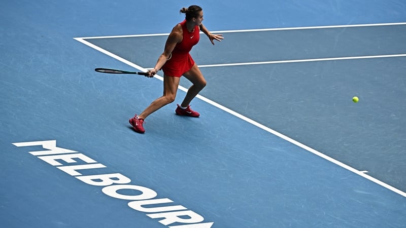 Aryna Sabalenka hits a return against Ukraine's Lesia Tsurenko