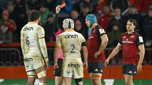 Langdon (2) was shown a red card just before half time in Northampton's 26-23 win at Thomond Park