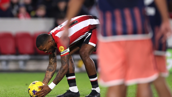 Ivan Toney moved the ball and the vanishing spray before taking the free-kick