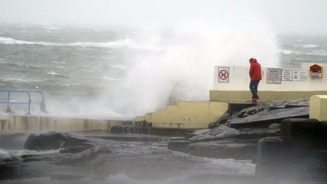 High waves at Blackrock diving tower in Salthill, Co Galway