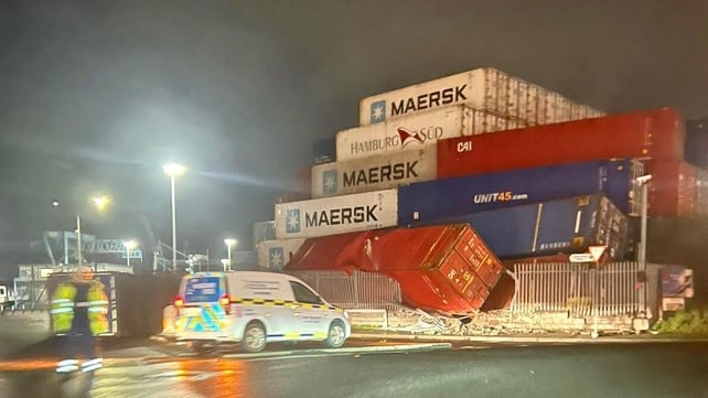 A container at Dublin Port topples over as Storm Isha pounds the country