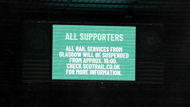 A message displayed on the big screen informing supporters of rail service suspensions due to Storm Isha during the Scottish Cup fourth round match at Celtic Park, Glasgow