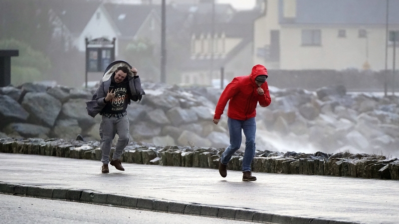 People walking in high winds at Salthill, Galway, during Storm Isha in January