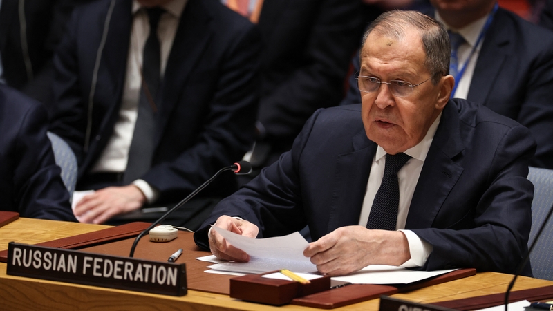 Russian Foreign Minister Sergey Lavrov speaks at a UN Security Council meeting at UN headquarters in New York City today