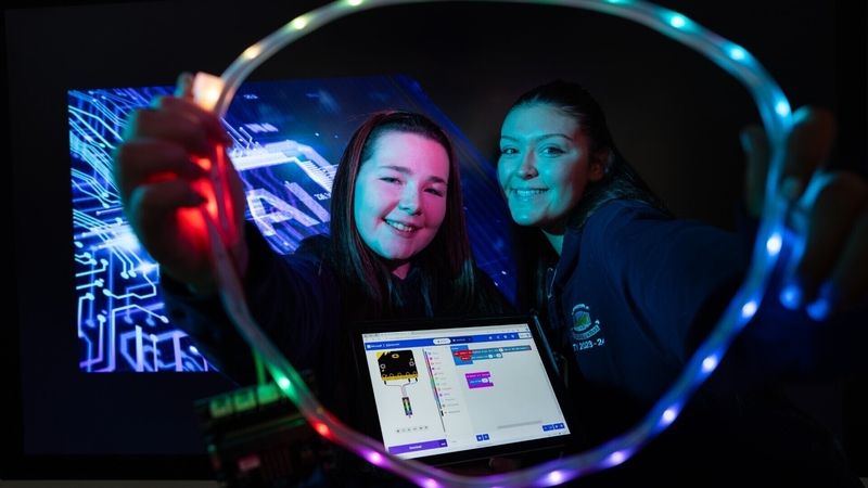 Ruby Rogers (L) and Ava Dever (R) from Old Bawn Community School in Tallaght as they joined Microsoft and RTÉ Learn to announce the details