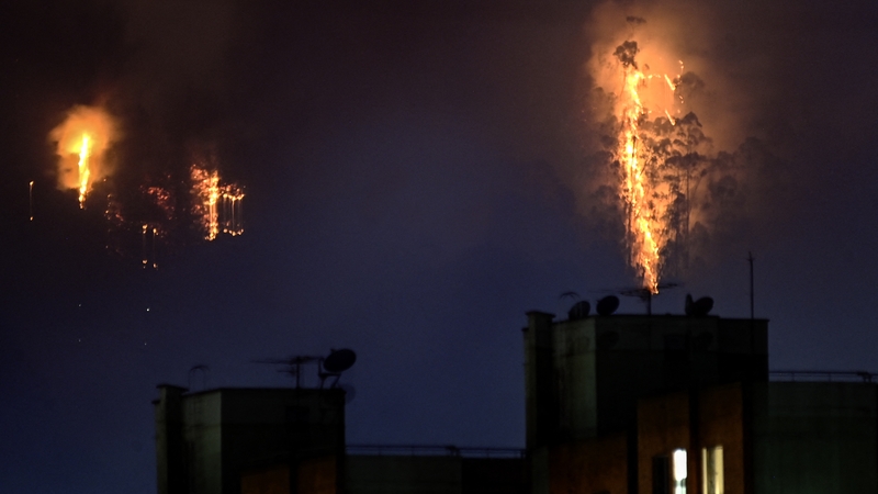 Flames rise from a forest during a wildfire in Bogota, Colombia