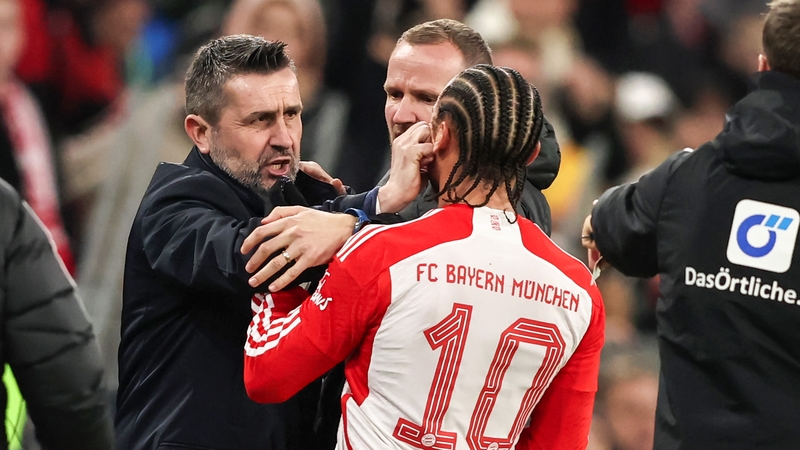 Nenad Bjelica, head coach of Union Berlin, and Leroy Sane had a difference of opinion on the sideline at the Allianz Arena