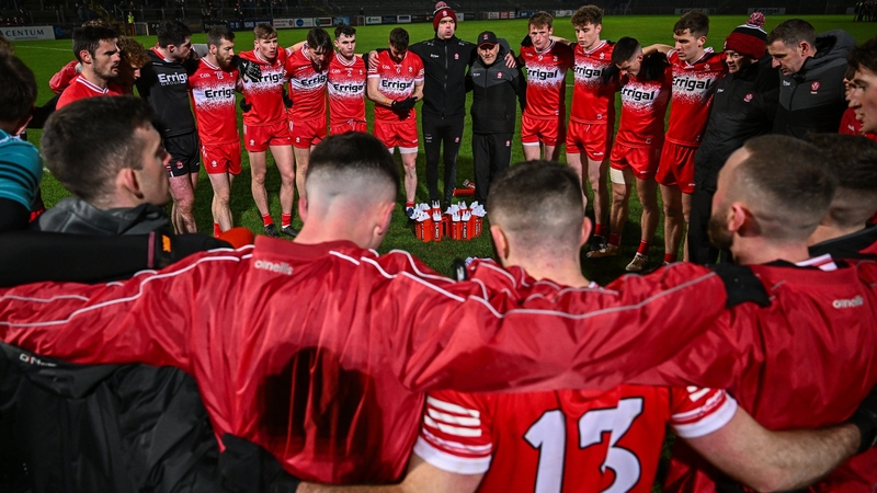 Mickey Harte speaks to the team prior to the recent Dr McKenna Cup clash against Down