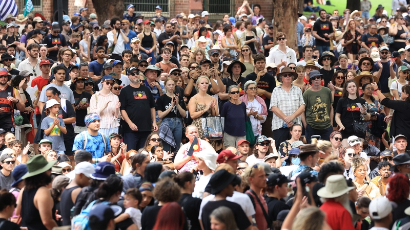 Demonstrators participate in a Invasion Day protest at Belmore Park, Sydney