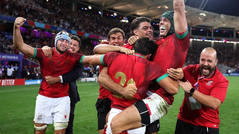 Portugal players celebrate their famous win over Fiji at RWC2023