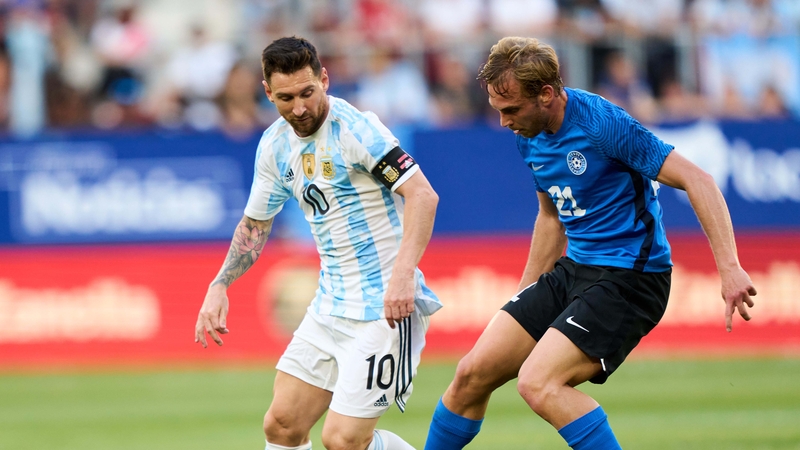 New Bohs signing Martin Miller in action against Lionel Messi during Estonia's friendly against Argentina in Pamplona in 2022