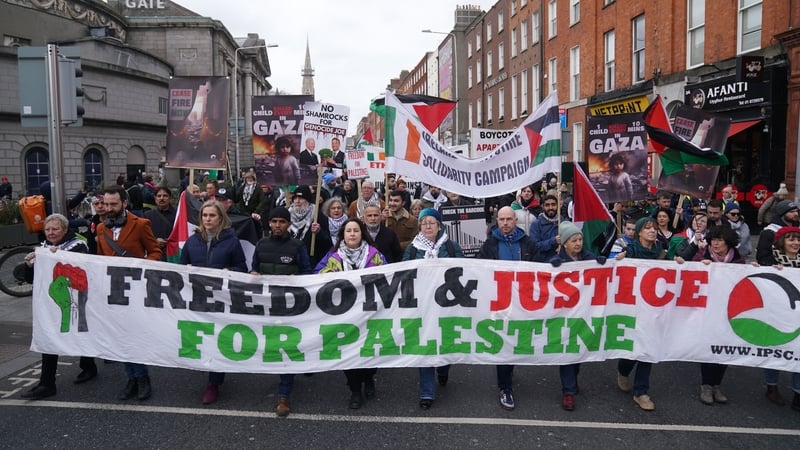 The protest, which is organised by the Ireland-Palestine Solidarity Campaign, began at the Garden of Remembrance shortly after 1pm this afternoon